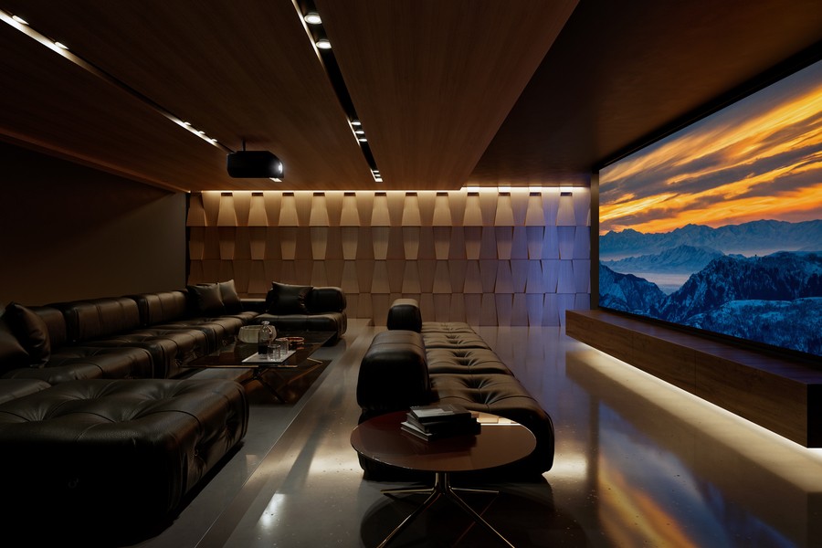 Modern luxury Miami home theater with custom acoustic treatment for improved audio performance. 