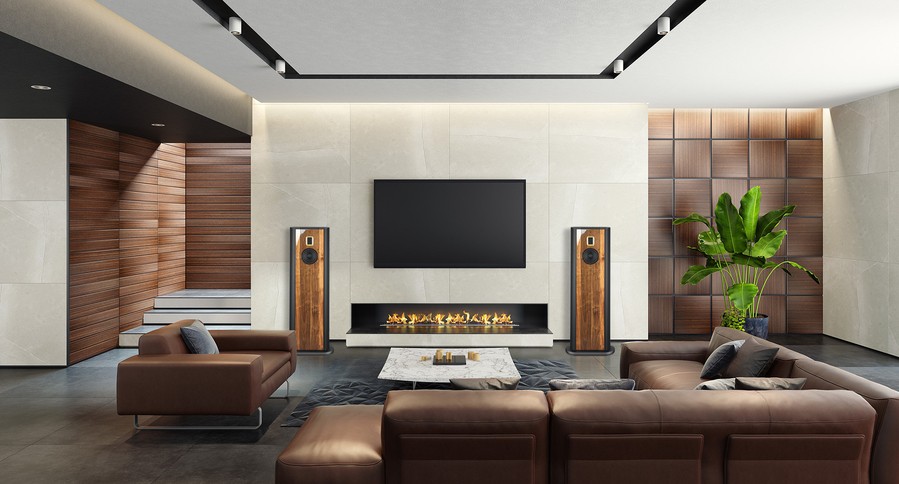 Hi-fi audio speakers in a modern living area of a Naples home.