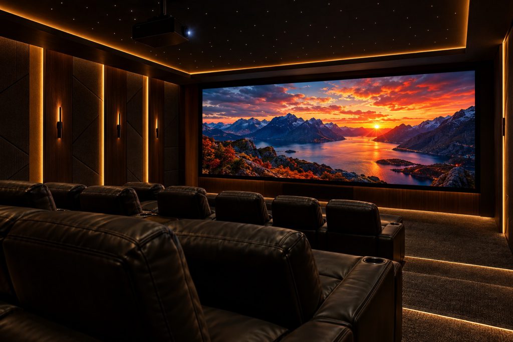 Luxury private screening room with a wide CinemaScope screen, leather recliners and warm amber accent lighting