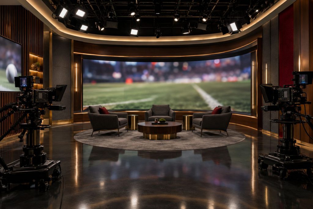 Concept rendering of a multi-camera television stage with an LED wall inside a sports team facility