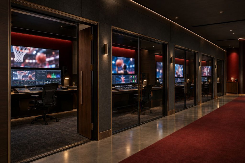 Concept rendering of a corridor of post-production edit and color suites for a sports team studio