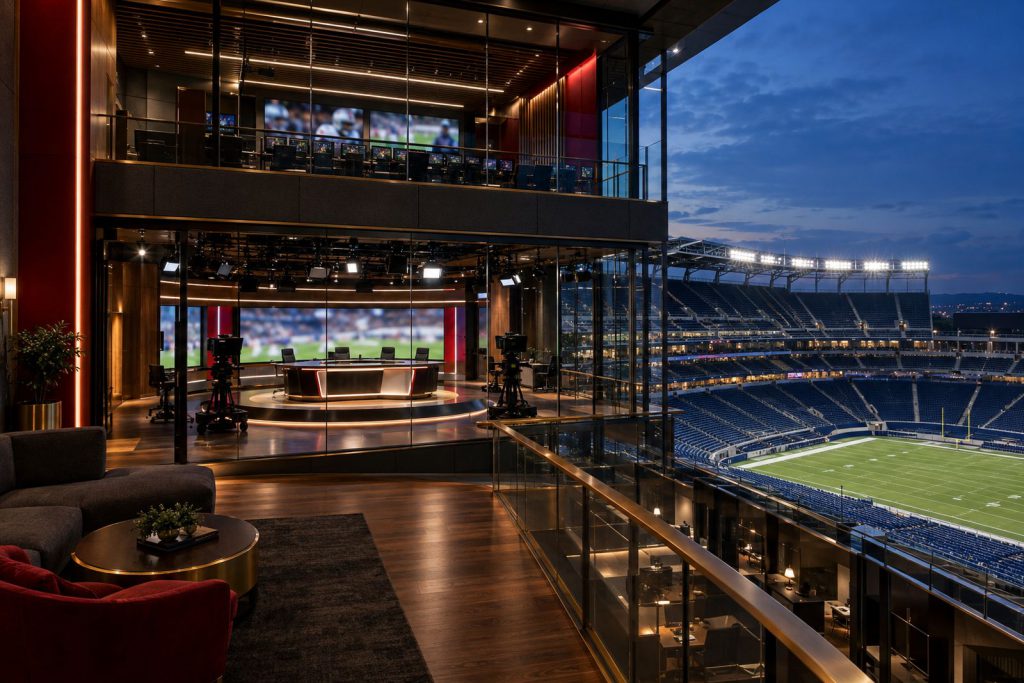 Concept rendering of a sports team media headquarters with a glass-walled broadcast studio overlooking a stadium at dusk