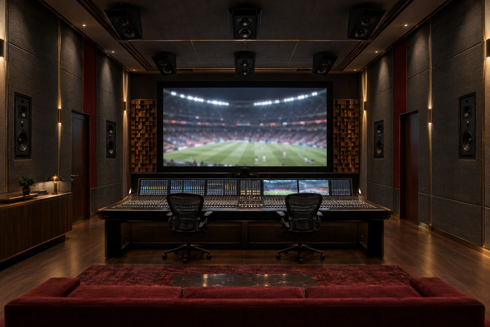 Concept rendering of a Dolby Atmos mix room in a sports team content studio